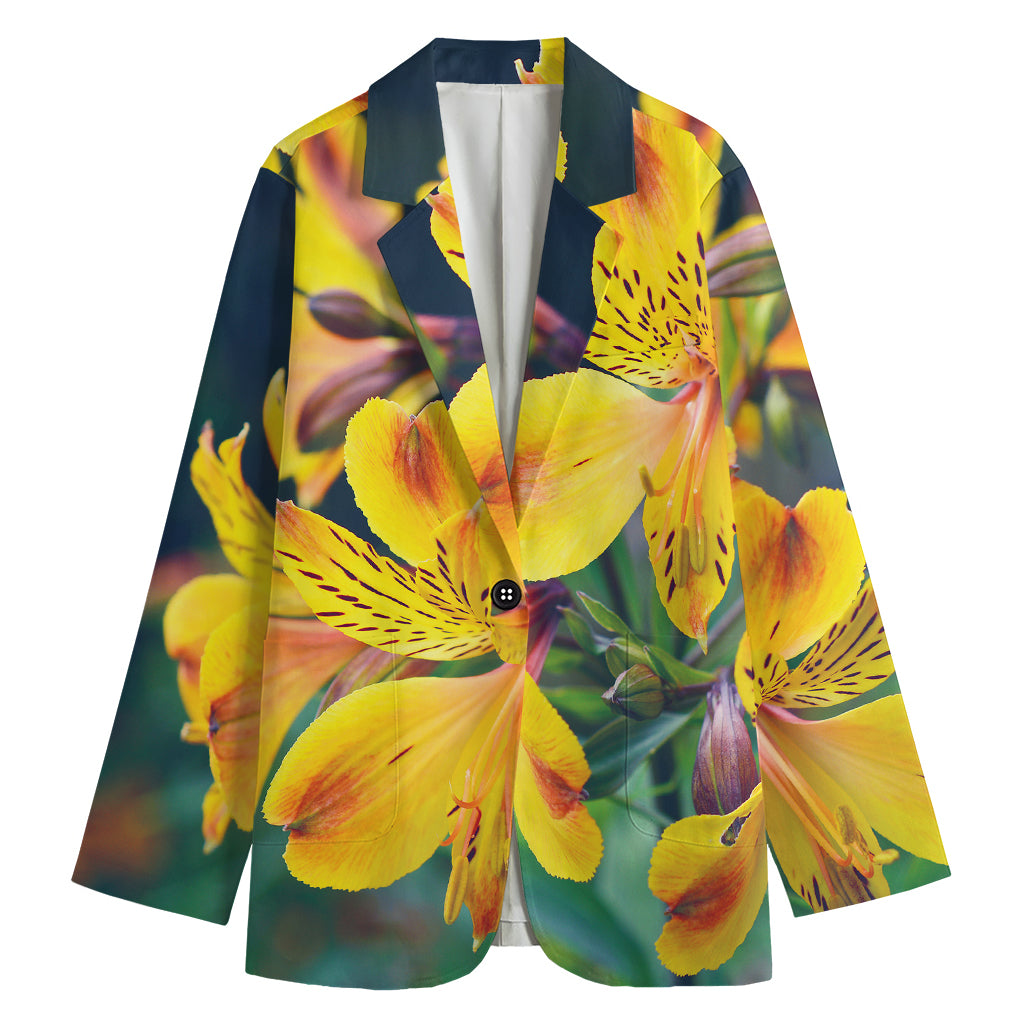 Yellow Alstroemeria Print Women's Cotton Blazer