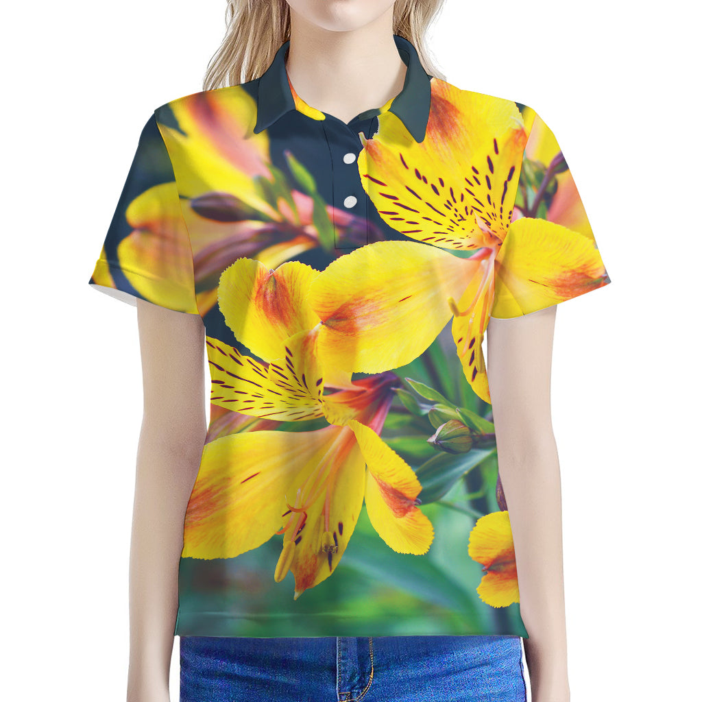 Yellow Alstroemeria Print Women's Polo Shirt