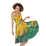 Yellow Alstroemeria Print Women's Sleeveless Dress