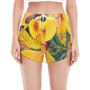 Yellow Alstroemeria Print Women's Split Running Shorts