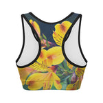 Yellow Alstroemeria Print Women's Sports Bra