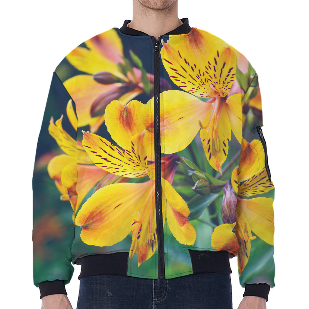 Yellow Alstroemeria Print Zip Sleeve Bomber Jacket