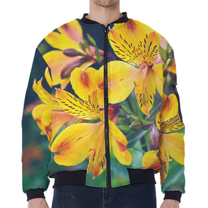 Yellow Alstroemeria Print Zip Sleeve Bomber Jacket