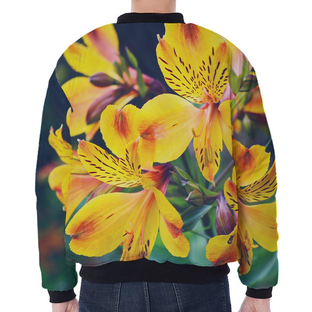 Yellow Alstroemeria Print Zip Sleeve Bomber Jacket