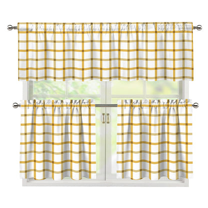 Yellow And Beige Tattersall Print 3 Piece Kitchen Curtains