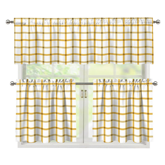 Yellow And Beige Tattersall Print 3 Piece Kitchen Curtains