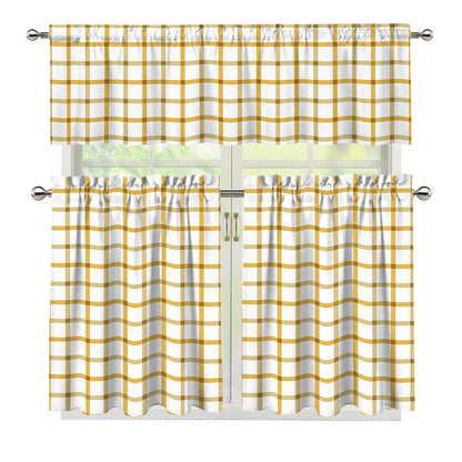 Yellow And Beige Tattersall Print 3 Piece Kitchen Curtains