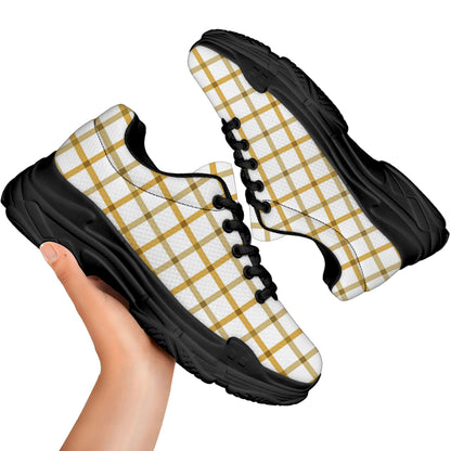 Yellow And Beige Tattersall Print Black Chunky Shoes