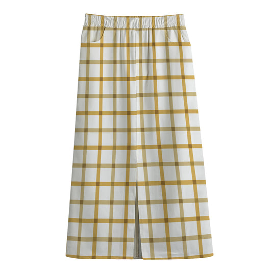 Yellow And Beige Tattersall Print Cotton Front Slit Maxi Skirt