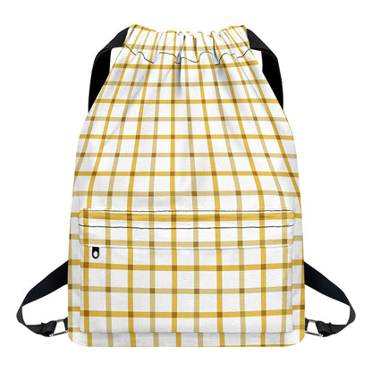 Yellow And Beige Tattersall Print Drawstring Backpack