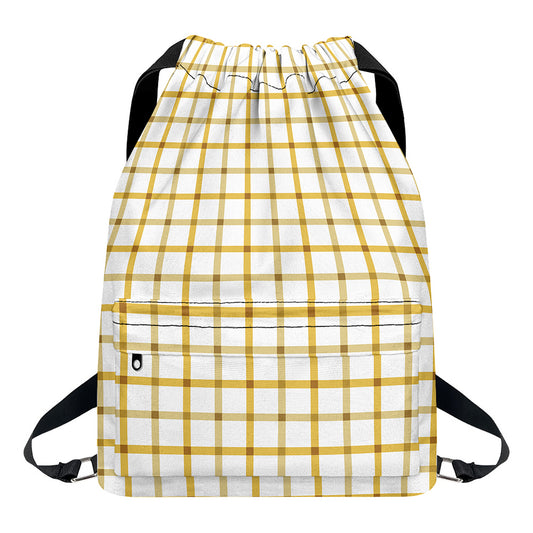 Yellow And Beige Tattersall Print Drawstring Backpack