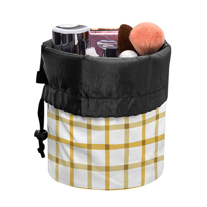 Yellow And Beige Tattersall Print Drawstring Makeup Bag
