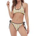 Yellow And Beige Tattersall Print Halter Scoop Tie Side Bikini
