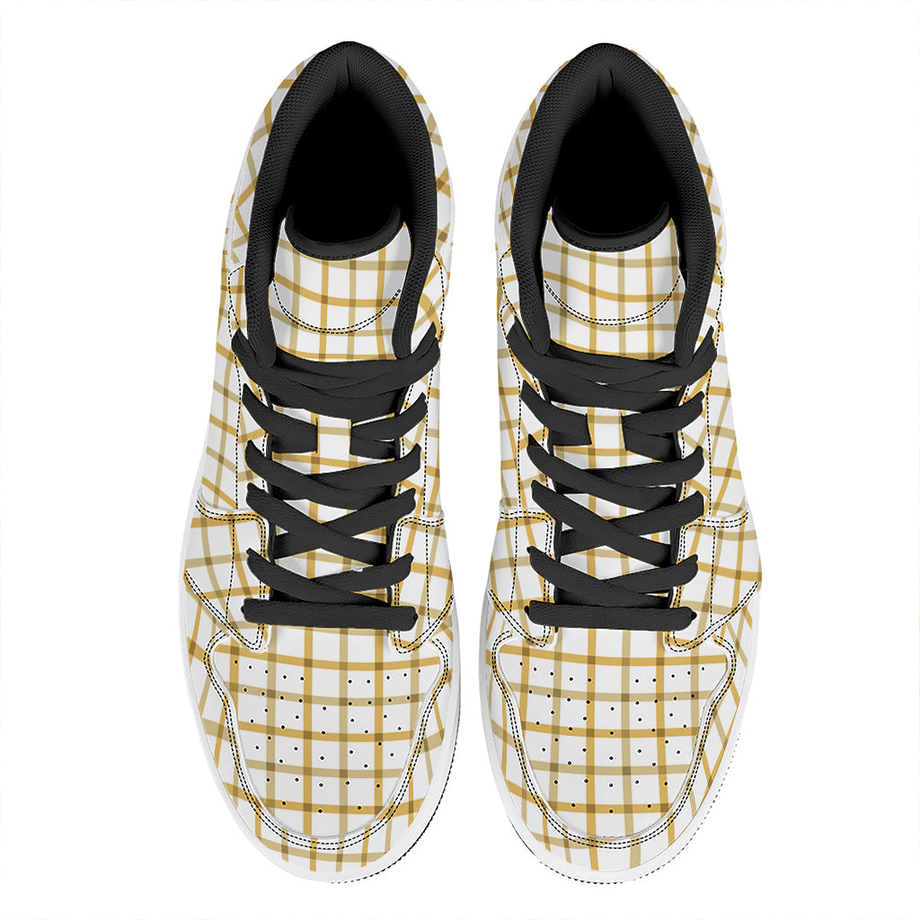 Yellow And Beige Tattersall Print High Top Leather Sneakers