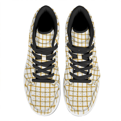 Yellow And Beige Tattersall Print High Top Leather Sneakers