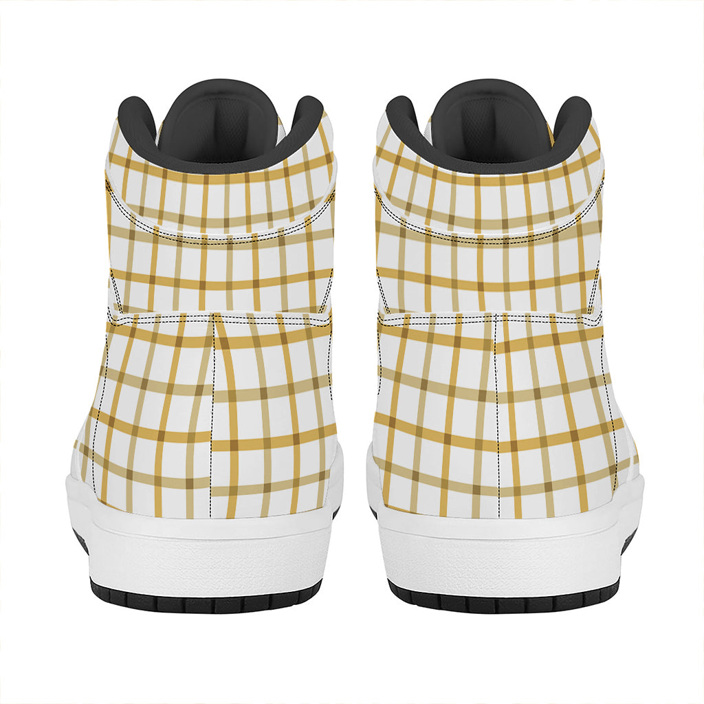 Yellow And Beige Tattersall Print High Top Leather Sneakers