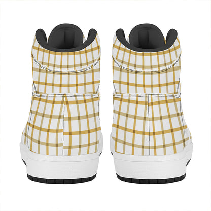 Yellow And Beige Tattersall Print High Top Leather Sneakers