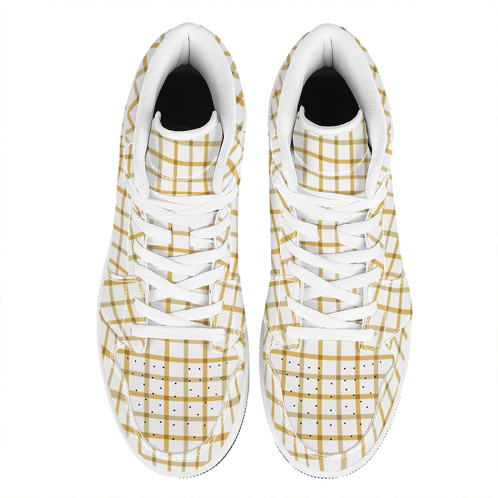 Yellow And Beige Tattersall Print High Top Leather Sneakers