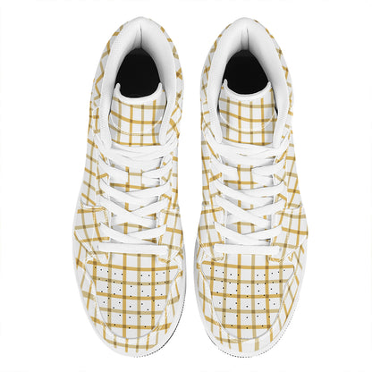 Yellow And Beige Tattersall Print High Top Leather Sneakers