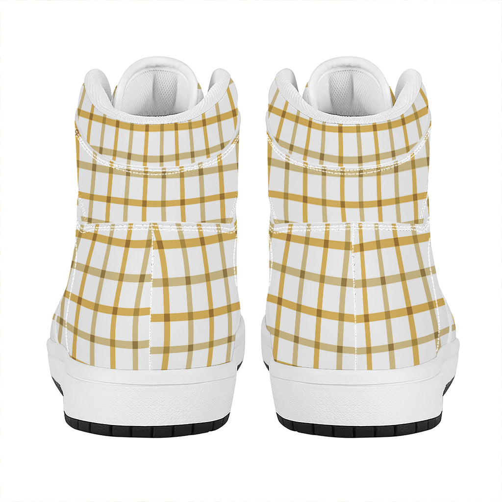 Yellow And Beige Tattersall Print High Top Leather Sneakers