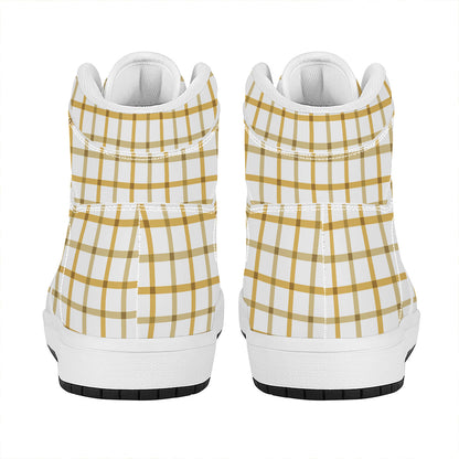 Yellow And Beige Tattersall Print High Top Leather Sneakers