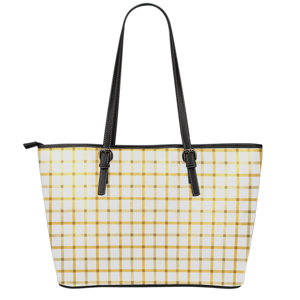 Yellow And Beige Tattersall Print Leather Tote Bag