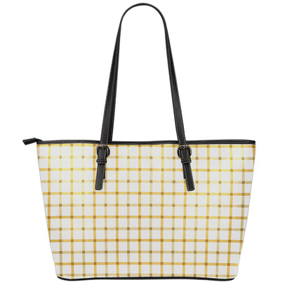 Yellow And Beige Tattersall Print Leather Tote Bag