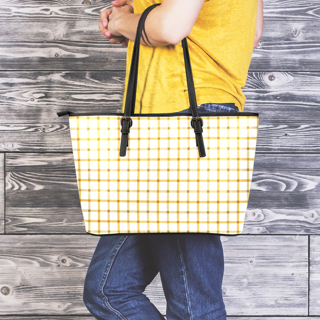 Yellow And Beige Tattersall Print Leather Tote Bag