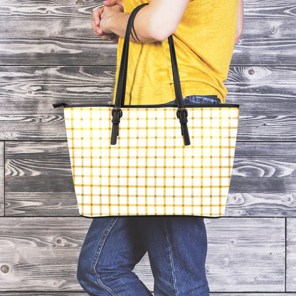 Yellow And Beige Tattersall Print Leather Tote Bag
