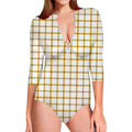 Yellow And Beige Tattersall Print Long Sleeve Swimsuit
