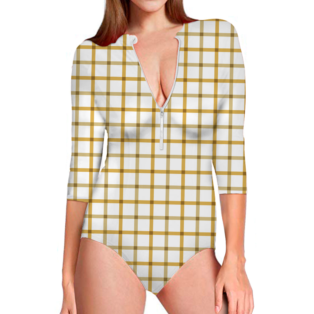 Yellow And Beige Tattersall Print Long Sleeve Swimsuit