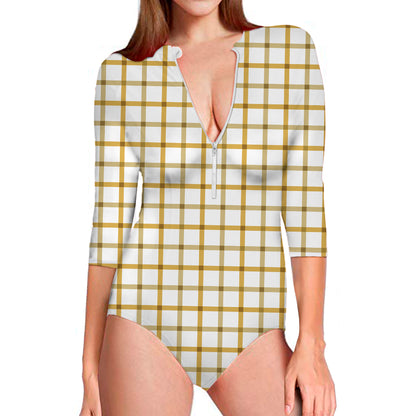 Yellow And Beige Tattersall Print Long Sleeve Swimsuit