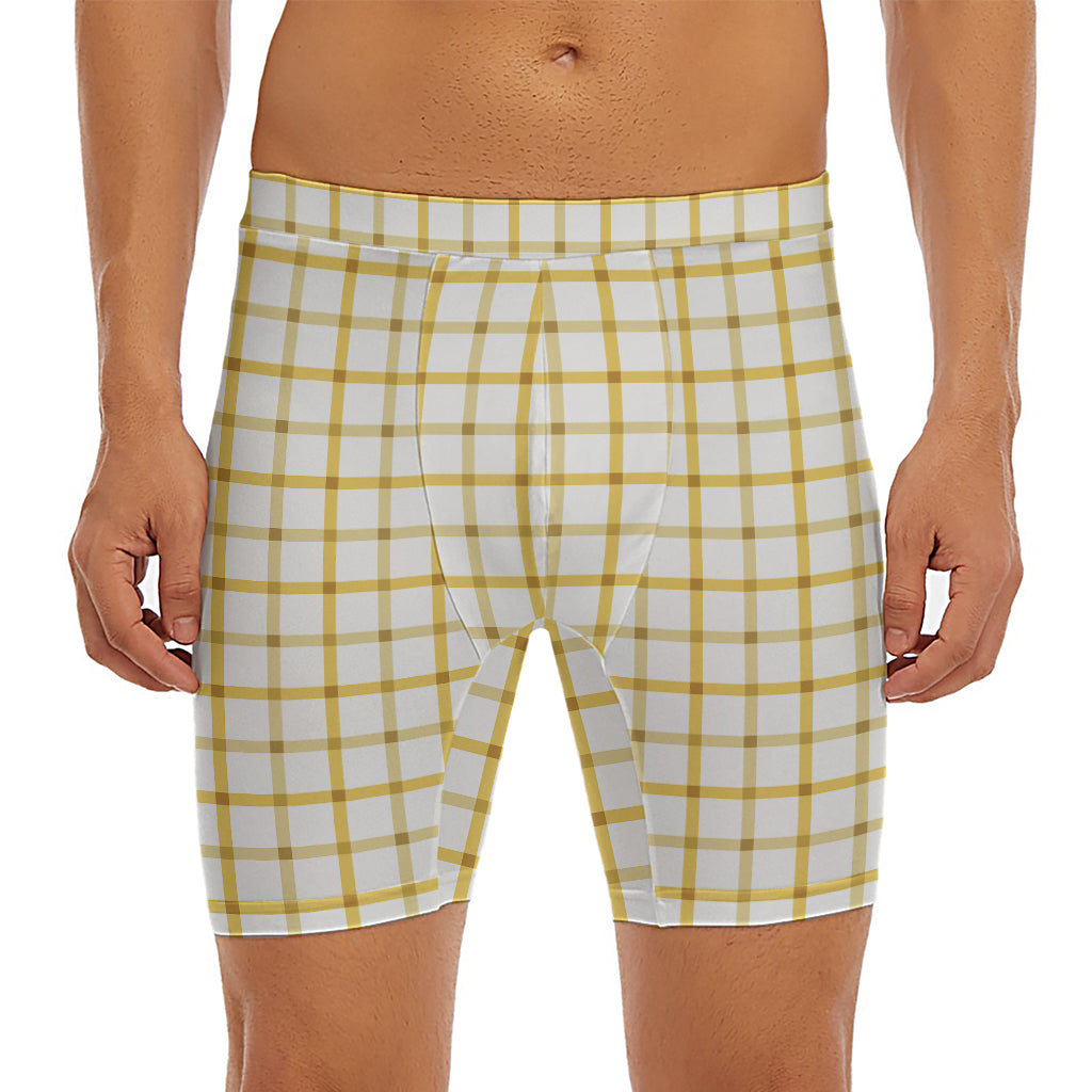 Yellow And Beige Tattersall Print Men's Long Boxer Briefs