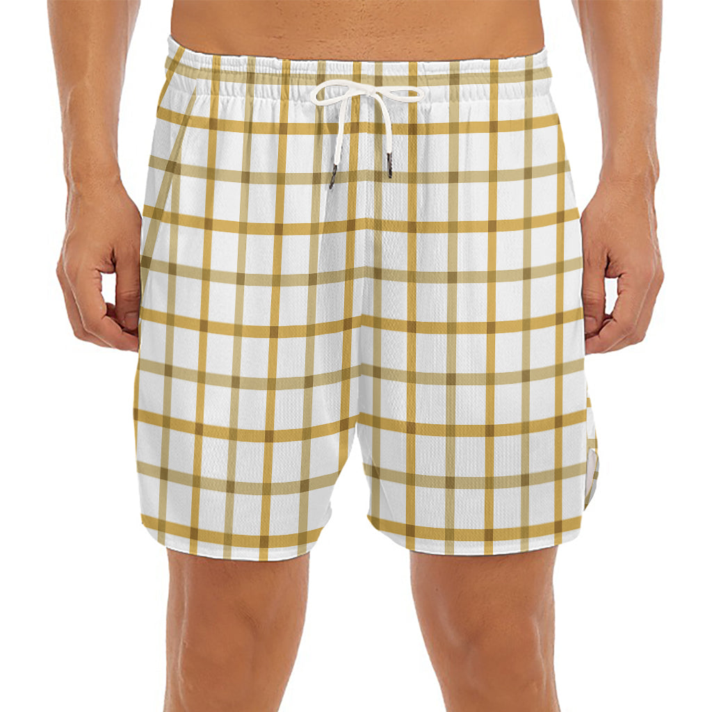 Yellow And Beige Tattersall Print Men's Split Running Shorts