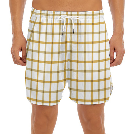 Yellow And Beige Tattersall Print Men's Split Running Shorts