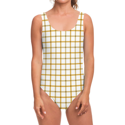 Yellow And Beige Tattersall Print One Piece Swimsuit