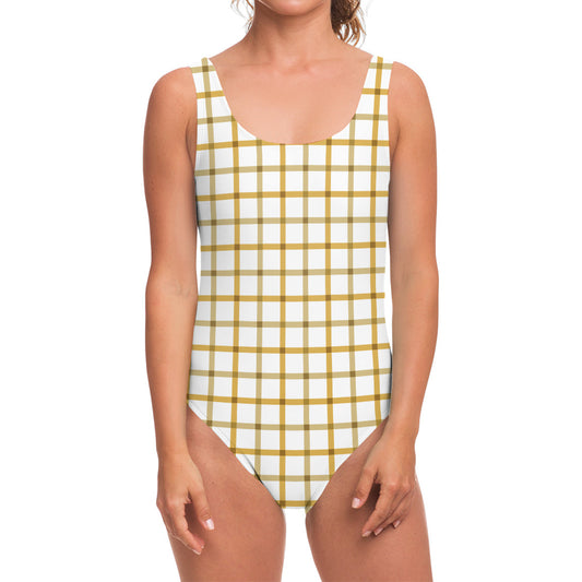 Yellow And Beige Tattersall Print One Piece Swimsuit