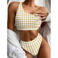 Yellow And Beige Tattersall Print One Shoulder Bikini Set