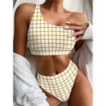 Yellow And Beige Tattersall Print One Shoulder Bikini Top
