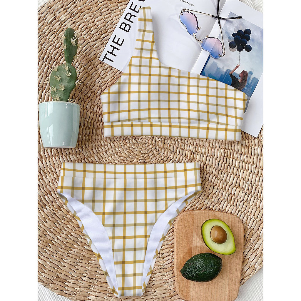 Yellow And Beige Tattersall Print One Shoulder Bikini Top
