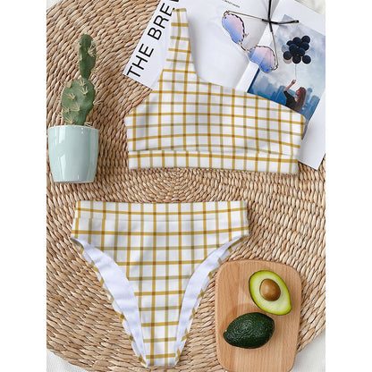 Yellow And Beige Tattersall Print One Shoulder Bikini Top