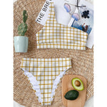 Yellow And Beige Tattersall Print One Shoulder Bikini Top