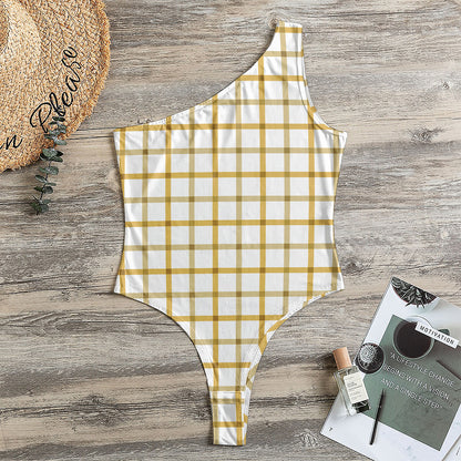 Yellow And Beige Tattersall Print One Shoulder Bodysuit