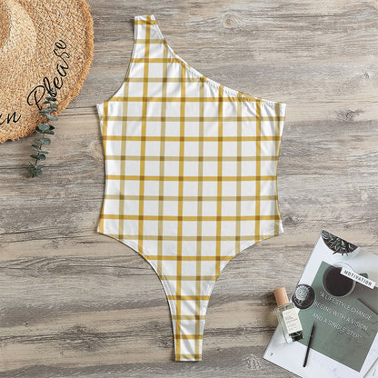 Yellow And Beige Tattersall Print One Shoulder Bodysuit