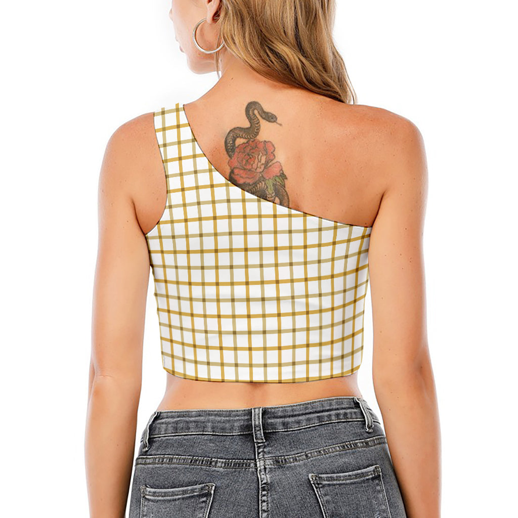 Yellow And Beige Tattersall Print One Shoulder Crop Top