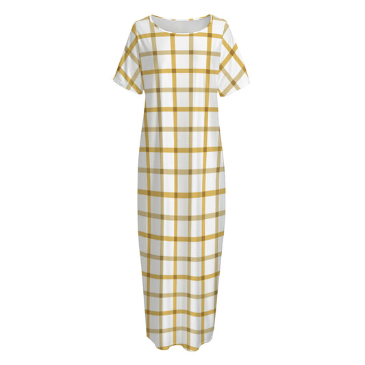 Yellow And Beige Tattersall Print Short Sleeve Long Nightdress