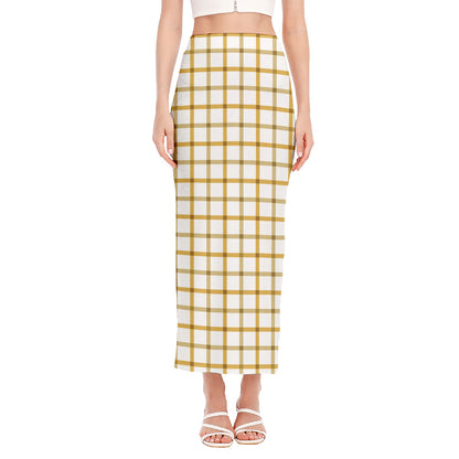 Yellow And Beige Tattersall Print Side Slit Maxi Skirt