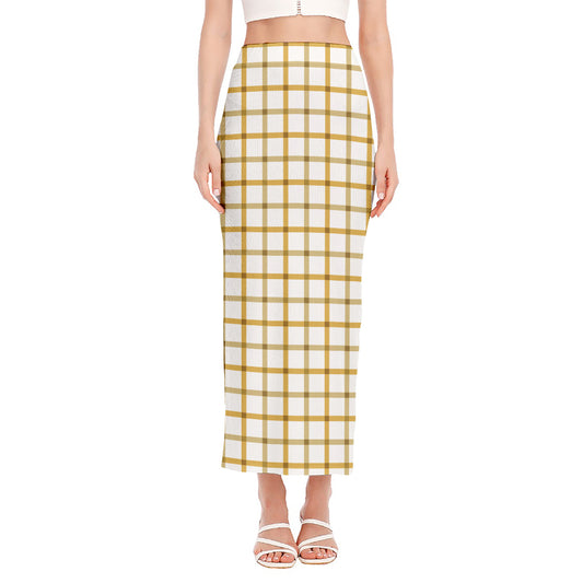 Yellow And Beige Tattersall Print Side Slit Maxi Skirt