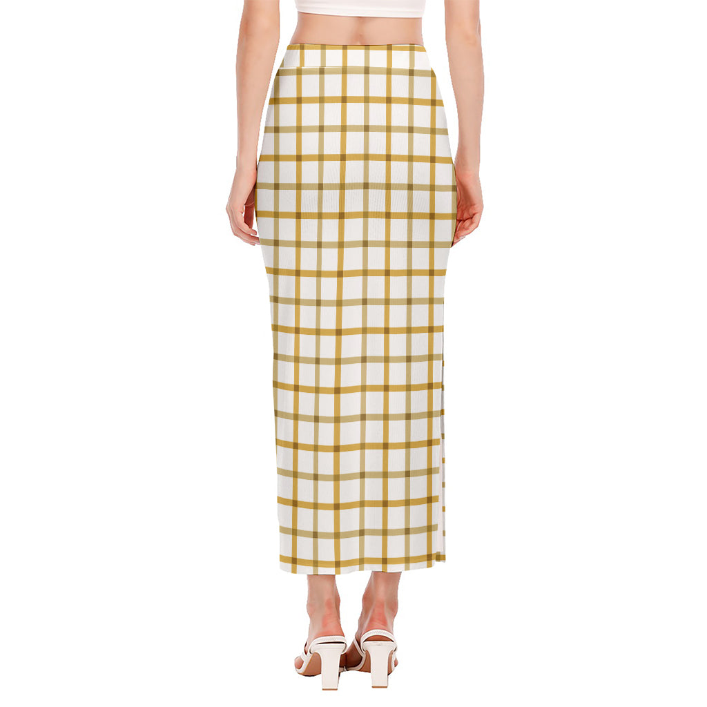 Yellow And Beige Tattersall Print Side Slit Maxi Skirt
