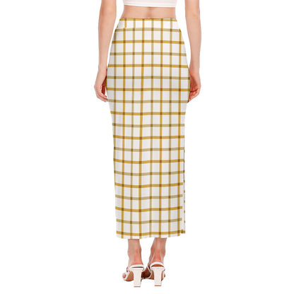 Yellow And Beige Tattersall Print Side Slit Maxi Skirt